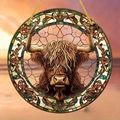 Bohemian acrylic wall plaque featuring a stained glass style highland cow art design - Highland Cow Pattern (19) / 15x15x0.2cm