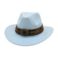 Close-up of light blue western felt hat featuring ethnic embroidered band and jewel buckle - Sky Blue