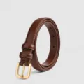 Ceinture fine en cuir marron pour femme largeur 1.9cm style minimaliste casual chic - Petite Boucle Carrée / Couleur caramel