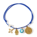 Blue braided rope bracelet with golden cross, hamsa hand, and evil eye charm pendants - Blue