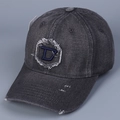 Detail of distressed dark grey denim baseball cap with embroidered letter D patch - M(56-58cm) / Gray