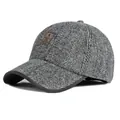 Winter herringbone wool baseball cap with warm ear flaps and brown leather label - Adjustable / Light Gray