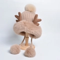 Cappello invernale in maglia kaki con corna di renna e paraorecchie in pelliccia - Cachi