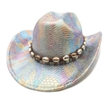 Detail of colorful snakeskin western hat with iridescent finish and shell-decorated band - M(56-58cm) / White