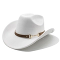 Macro shot of white felt cowboy hat with brown leather band and gold horsebit hardware - M(56-59CM) / White (Suede)