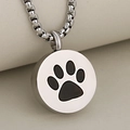 Polished stainless steel round urn necklace with black pet paw print on silver box chain - Steel Color Paw Print