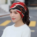 Tricolor knit neck gaiter and slouchy beanie with ponytail hole for women - One Size / 35 Geometric Patchwork