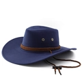 Donkerblauwe wollen fedora hoed met bruin vlechtwerk en verstelbare kinband - M (56-58cm) / Marineblauw