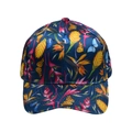 Detail of tropical floral print on dark blue baseball cap with butterfly pattern - Deep Blue Bird of Paradise and Butterfly Style (Style 3)