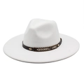 Elegant white wool fedora jazz hat with brown leather band and gold metal rivet accents - M(56-58cm) / White