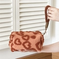 Brown plush makeup bag with leopard heart patterns and a convenient hand strap - Handheld Plush Coffee Heart