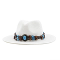 Sombrero de paja blanco con cuentas de turquesa para protección solar en la playa - 56-58cm / Blanco