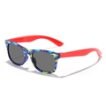 Blaue Kinder-Sonnenbrille mit Dino-Print, roten Bügeln und UV-Schutz für Kleinkinder - Bunter Dinosaurier