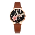 Detail of rose gold watch with floral black dial and brown leather texture strap - Watch Only / Tan