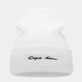 White knit beanie with black Carpe Diem embroidery on the folded brim for couples - M(56-58cm) / Carpe Diem Embroidery / White