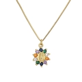 Gold plated Virgin Mary sunburst necklace with colorful zircon stones on a box chain - Gold (Multi-color Sunflower)