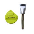 Detail of soft green teardrop sponge with brand logo and silver foundation brush - Green Puff + Foundation Brush Set / No Packaging / Green