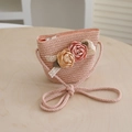 Detail of pink straw crossbody bag with handmade 3D floral and white lace accents - Bag-Pink