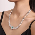 Silver cuban chain necklace featuring a green rectangular pendant with white stones - Silver Turquoise Necklace (P284)