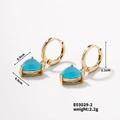 Detailed view of heart-shaped blue gemstone earrings with golden hoops and size specs - Sky Blue Heart Style (E03029-2)