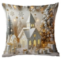 Gouden kussensloop met witte kerk en feestelijk kerstboommotto voor decoratie - Gouden Kerk Sneeuwscène