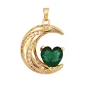Gold-plated crescent moon pendant with green heart zircon and micro-pave crystals - Green/Heart Moon