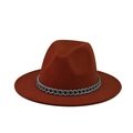 Close-up of rust-red wool fedora hat featuring a thick grey frosted chain decoration - Brick Red(17)