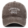 Detail of vintage washed charcoal cotton baseball cap with 1991 Limited Edition embroidery - Coffee