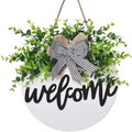 White wooden welcome door wreath with green eucalyptus leaves and a checkered bow - WELCOME / White