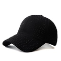 Detailed close-up of sparkling black rhinestones on a cotton baseball cap surface - Black/Black Zirconia