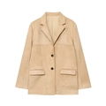 Blazer in pelle scamosciata kaki da donna con risvolto classico e tasche con patta - S / Cachi