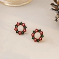 Christmas wreath stud earrings with red and green rhinestones and pearls in gold finish - Wreath Style (E92-1)