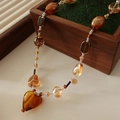 Tiger eye beaded necklace featuring amber heart pendant and diverse glass beads - Amber Necklace XL0171