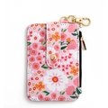 Detail of pink floral PU leather wallet with gold zipper and swivel lobster clasp - Light Pink