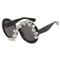 Oversized black round sunglasses for women featuring asymmetric S-shaped rhinestone decor - One Size / Bright Black / Gray