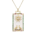 Golden tarot necklace with The Moon pendant featuring white enamel and colorful gemstones - The Moon-White