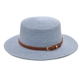 Detail of light blue straw boater hat with a brown faux leather band and metal buckle - M (56-58cm) / Sky Blue
