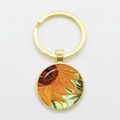 Artistic Van Gogh Sunflowers glass cabochon keychain with a polished gold finish - Gold-Sunflowers G