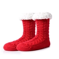 Close-up of red knit slipper socks with soft white fleece trim and warm texture - One Size / Cable Wine Red