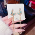 Golden butterfly tassel earrings with light blue enamel and pearls on 925 silver needle - Blue-Gold Butterfly Long Tassel Pearl Earrings (E0242)