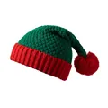 Christmas elf knit hat in festive red and green colors with a plush pom-pom top - One Size / Green + Red Adult