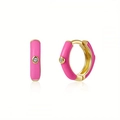 Pink enamel C-shaped gold hoop earrings with zircon stone on white background - Pink Enamel Gold (JQH0020-GG-11)