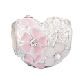 Silver and pink heart charm bead with enamel floral pattern and sparkling crystals - Rhinestone Pink Flower Heart (013)
