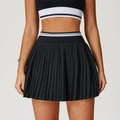 Women's black pleated tennis skirt set with high waist contrast striped elastic band - S / Premium Black