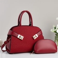 Elegant red tote bag and matching clutch set with woven texture and gold hardware - Burgundy