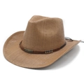 Classic Western straw cowboy hat with a brown leather band and vintage metal accents - M (56-58cm) / Khaki