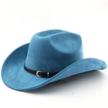 Dettaglio cappello cowboy blu in pelle scamosciata con cinturino in pelle nera e fibbia oro - M (56-58cm) / Blu Lago