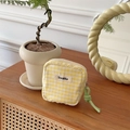 Süße gelbe Gingham-Baumwolltasche für Damenhygiene mit hellgrünem Reißverschluss - Kleines Gitter (Sozakka) / Gelb