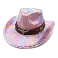Colorful holographic snake pattern cowboy hat with metal longhorn skull and leather band - M (56-58cm) / Pink