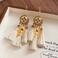 Bohemian gold leaf earrings with beige tassels and purple flower charms on linen - Flower Heart Rhinestone Feather Tassel Style